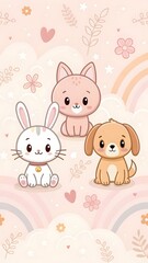 Fototapeta premium Cute Cartoon Bunny, Puppy, and Kitten on Pastel Rainbow Background