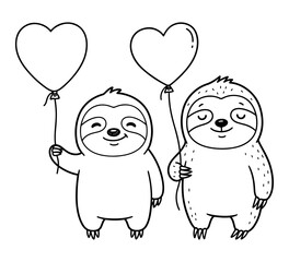 Whimsical Line Art of Two Sloths with Heart Balloons