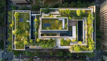 Aerial View of Green Roof on Modern Office Building with Lush Vegetation – Sustainable Urban Architecture and Eco-Friendly City Design