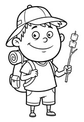 Fototapeta premium Cute Cartoon Boy Hiker with Backpack and Marshmallows on a Stick, Outlined