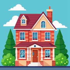 Naklejka premium Charming red brick house with green trees and blue sky