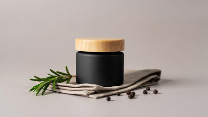 Black jar Mockup with wooden lid rosemary and pepper on linen
