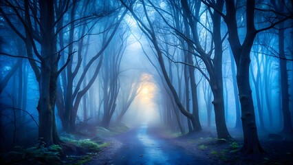 Mystical forest path bathed in ethereal blue and golden light