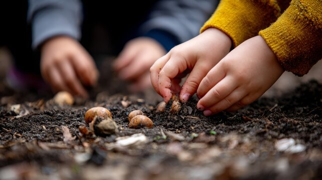 Children digging small holes, planting colorful flower bulbs in dark fertile soil, learning about gardening and experiencing hands-on connection with natural world - Powered by Adobe