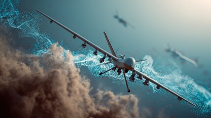 Naklejka premium Multiple drones in flight over clouds