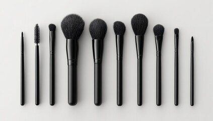 Black Makeup Brushes Collection in 3D Vector Style – Professional Cosmetic Accessories on White for Skincare, Beauty Ads, and Salon Visuals