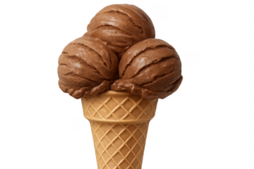 Chocolate ice cream scoops melting on crispy cone with transparent background