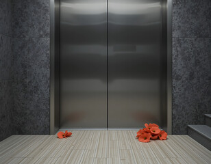 Elevator entrance with sliding doors and scattered red flowers on wooden floor