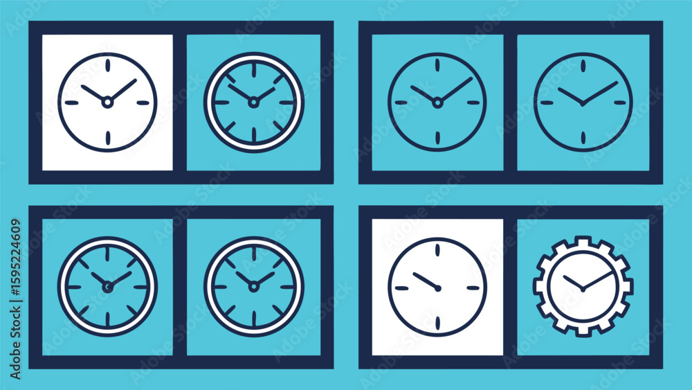Poster four panels showing different styles of clocks with hands indicating time