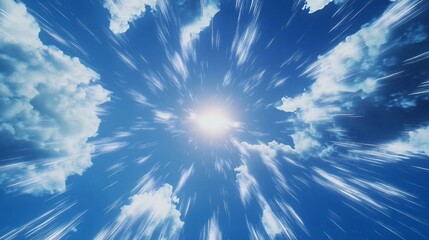 Dynamic zoom effect through blue sky with scattered clouds, creating a sense of speed and motion
