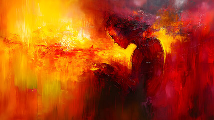 An abstract painting using bold red and yellow tones to evoke feelings of passion and energy.