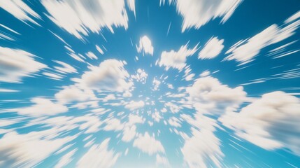 Dynamic zoom effect on a blue sky with scattered clouds creating a sense of speed and motion