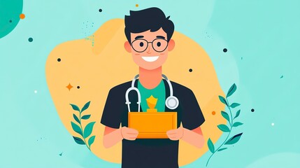 Doctor receives community service award in vibrant flat design illustration highlighting dedication