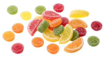 Delicious colorful candies floating cut out isolated on white background PNG. AI GENERATED.