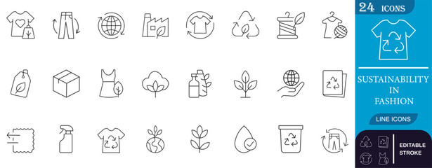 Line icon set on sustainable fashion, featuring recycled clothing, eco materials, plant-based packaging, and ethical production. Ideal for branding, apps, or print.