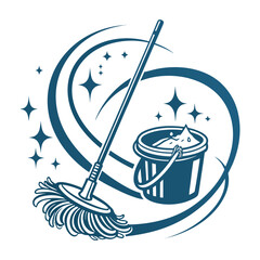 Flat Vector Logo of Cleaning Services with Crossed Brooms and Sparkling Elements .