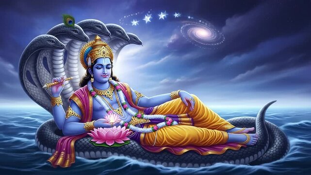 Depiction of Deity Resting on Serpent Over Water in Night Sky