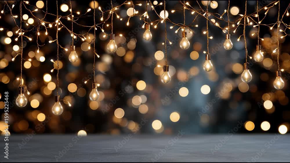 Aufkleber warm glowing light bulb string hanging with blurred bokeh background creating cozy festive atmospher