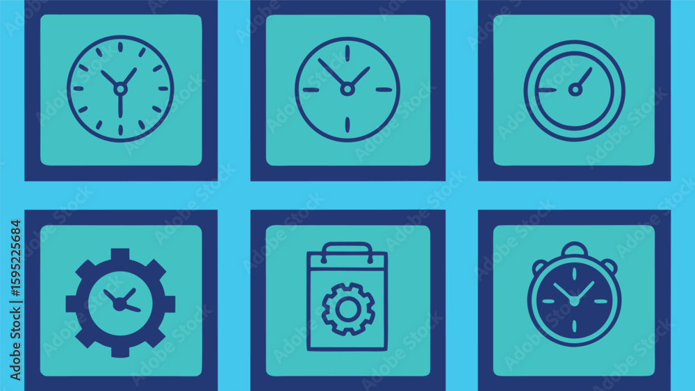 Poster collection of six diverse clock icons in a grid pattern