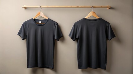 Front and back view of a dark gray tshirt hanging on a wooden rack against a textured wall