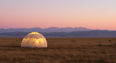 Obraz premium Glamping Getaway Dome Tent Under Sunset Sky Mountain View