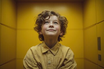 Pastel-yellow space surrounds boy’s upward gaze, hands behind back in admiration