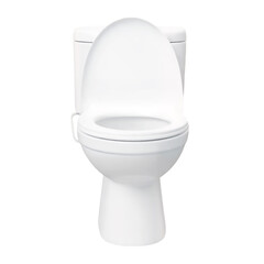 A front view of a white porcelain toilet with the seat up against a black background on transparent background