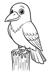 Obraz premium Cartoon Line Art Illustration of a Crow Perched on a Wooden Post