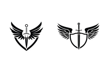 Black sword with wings and shield design element set appears on transparent background
