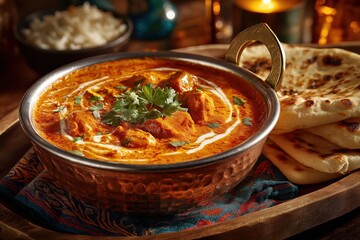 Murgh makhani butter chicken served traditionally with naan, rice, and creamy sauce