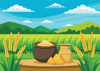 On the table, grain, pot, and dough are shown against a vibrant grassy mountainscape