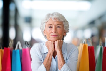 Elderly woman with shopping bags looking serious