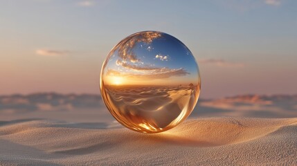 Reflective Glass Sphere on Sandy Desert