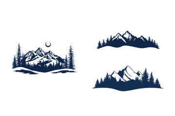 Three distinct mountain ranges featuring silhouettes of pine trees against a clean white background