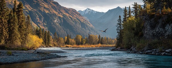 Cinematic Shot of a Salmon Leaping from River with Autumn Foliage and Mountain Background in Nature Landscape