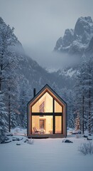 Modern a frame cabin nestled amongst snowy pines and majestic mountains