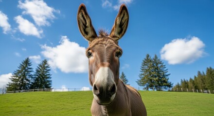 Close Up of Donkey's Face in a Sunny Green Field
