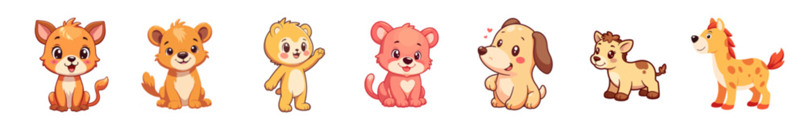 Fototapeta premium Cute cartoon animals in pastel colors on isolated background 