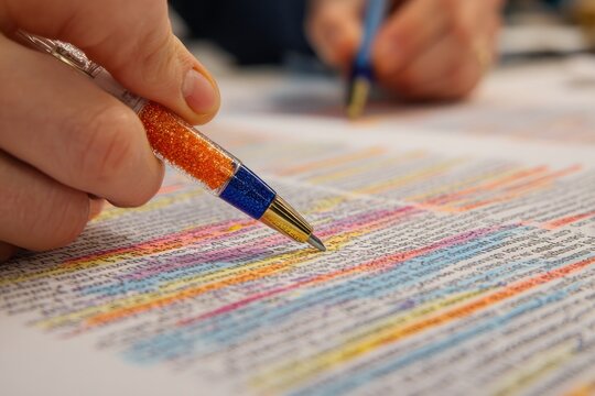 Close-up of hands highlighting text with colored markers