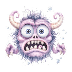 Naklejka premium Cute creepy cartoon monster with big eyes horns teeth and fluffy purple fur underwater scene