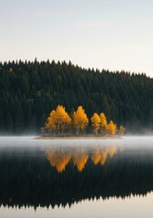 Golden autumn trees reflected on misty lake surface at sunrise