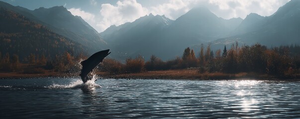 Cinematic Shot of a Salmon Leaping from River with Autumn Foliage and Mountain Background in Nature Landscape