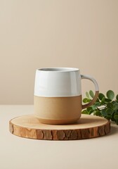 Rustic two tone ceramic mug on wood slice with greenery accent
