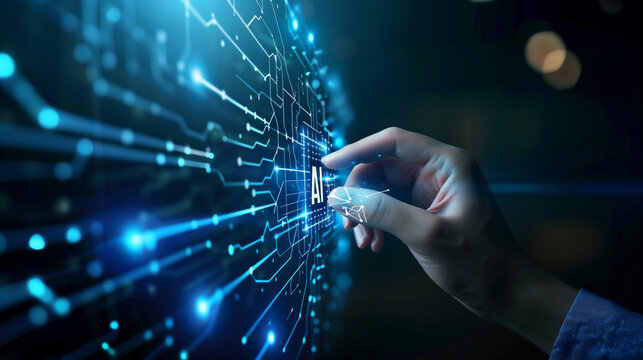 A realistic human hand touching a glowing AI icon, AI text, symbolizing deep thinking, data processing, and artificial intelligence, futuristic interface, digital neural network background, blue light