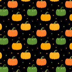 Halloween seamless pattern.Colorful pumpkin repeat pattern isolated on black background.Squash, autumn plant, harvest season.Vector graphic illustration.