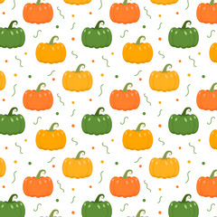 Colorful pumpkin seamless pattern isolated on white background.Halloween repeat pattern.Squash, autumn plant, harvest season.Vector graphic illustration.