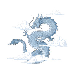 A stylized illustration of a blue dragon floating among fluffy white clouds.