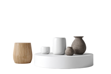 A collection of ceramic and wooden vessels arranged on a white pedestal