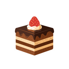 A delicious-looking, chocolate-covered, layered cake, topped with a strawberry.