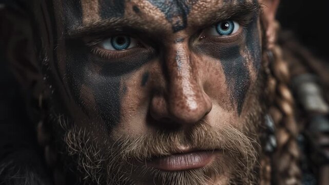 Intense close-up of a fierce Viking warrior with blue war paint, braided hair, and piercing eyes, exuding power and determination.